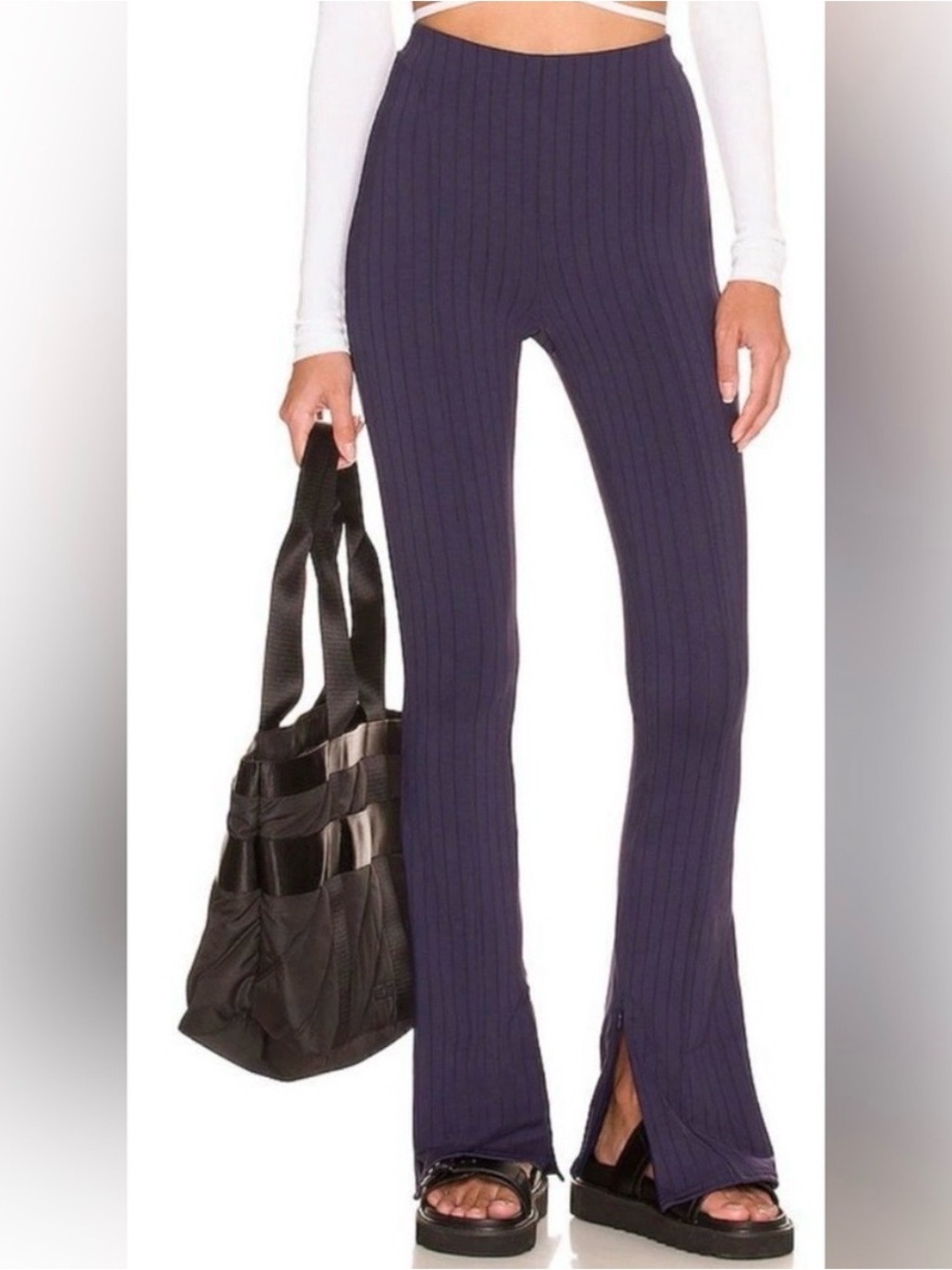 ALO Yoga Navy Blue & Black High Waist Pinstripe Zip It Flare Legging | XS